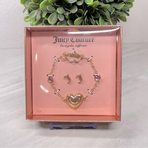 Juicy Couture Gold Pink Heart Bracelet‎ and J Initial Stud Earrings Jewelry Set